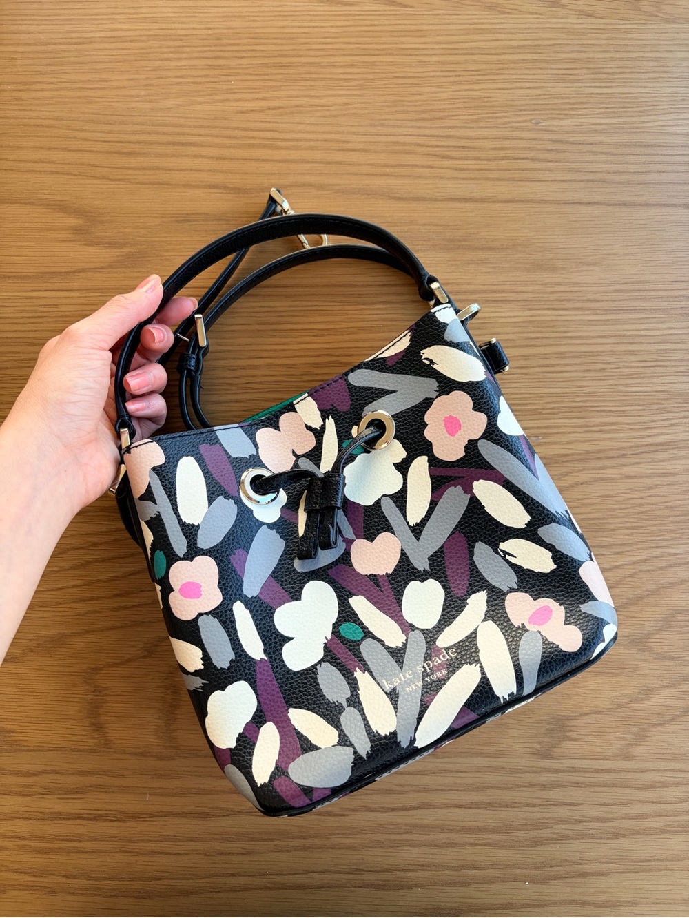 Kate Spade Black Floral Brushstroke Bucket Shoulder Bag with crossbody strap